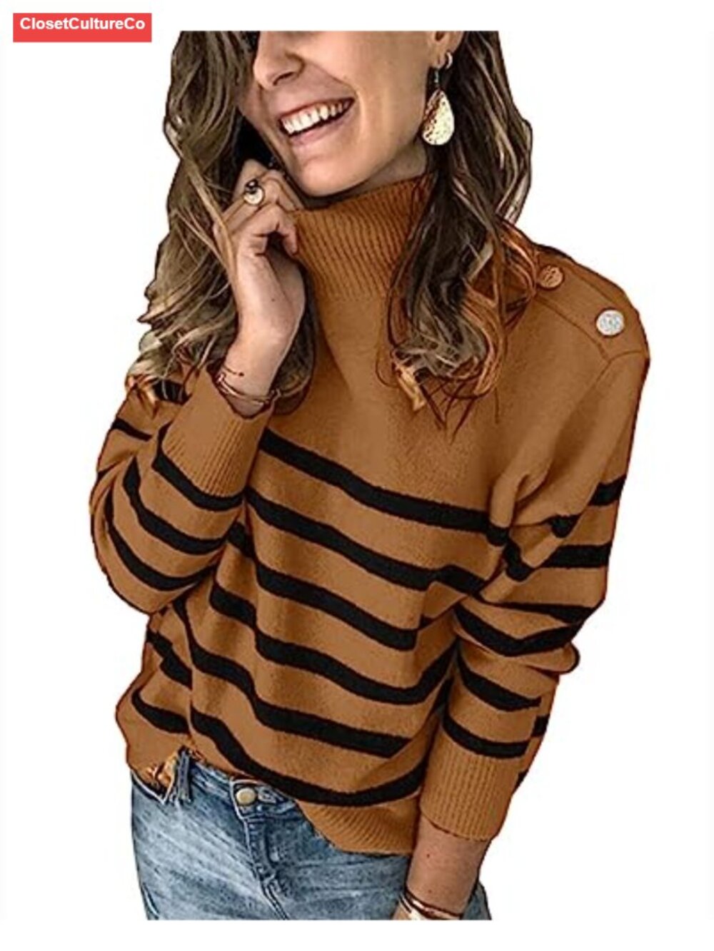 Striped Turtleneck Sweater Women Loose Fit Ribbed Pullover
